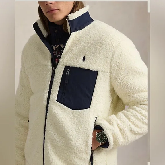Ralph Lauren Men's Cream and Navy Pile Fleece Hybrid Jacket - Picture 2 of 13